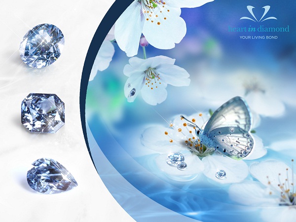 3 Types of blue memorial diamonds, white flowers and a butterfly on a blue background