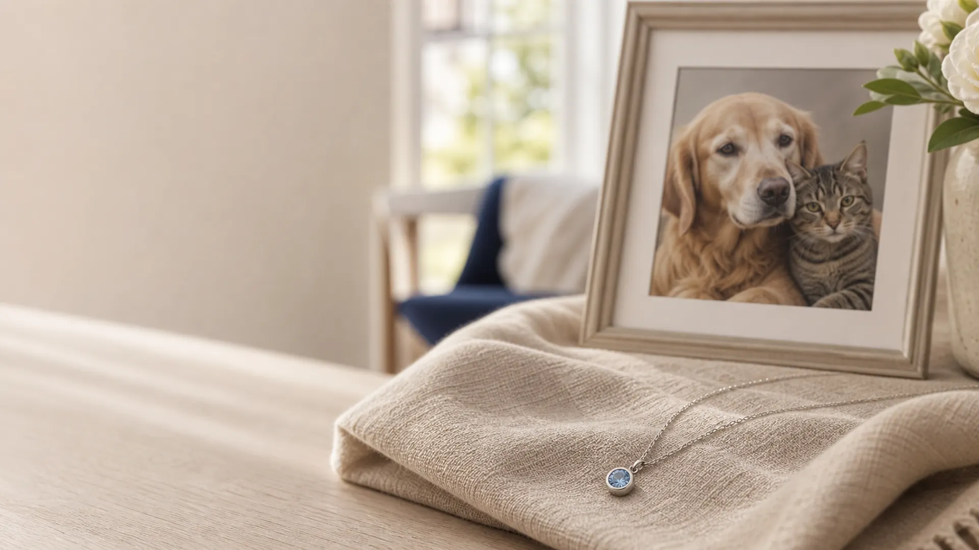 Erinnerungsdiamant mit Foto von Hund und Katze in ruhiger Erinnerungsszene