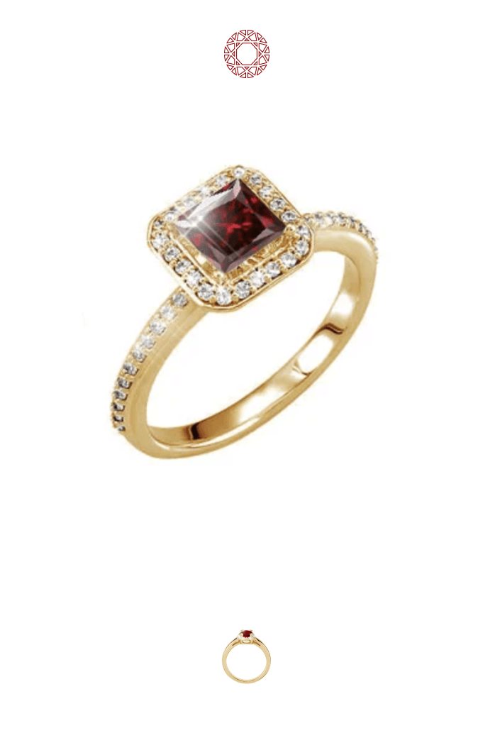 Anillo de compromiso estilo halo en oro amarillo de 18K