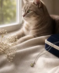 Katze am Fenster mit kleinem Erinnerungsdiamant als Anhänger