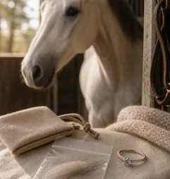 Pferd mit Haarprobe und kleinem Erinnerungsdiamant als Ring